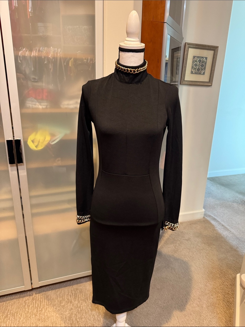 ASOS Black Long Sleeve Fitted Midi Dress with Chain Trim